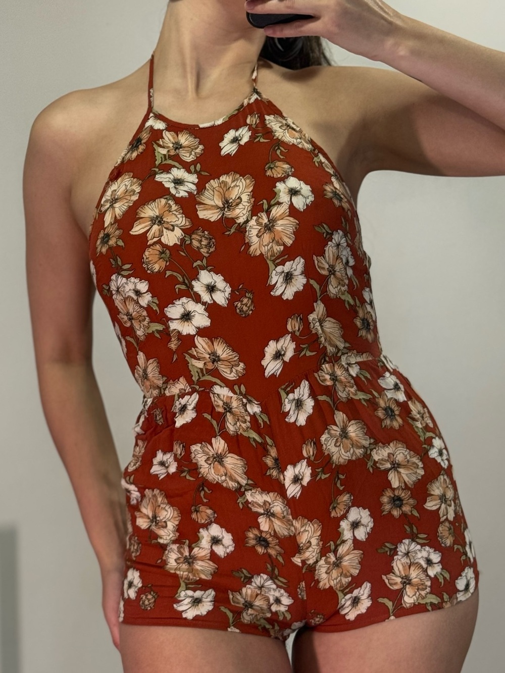 Women's Rust Floral Halter Romper Dress